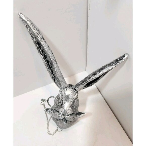 Resin Rabbit Head Wall Mount Decor Silver Colored Art Deco Removable Ears - Picture 3 of 11